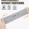 A hand holds a gray Wrels high elasticity sweatband, highlighting its absorbency, elasticity, and breathability features.