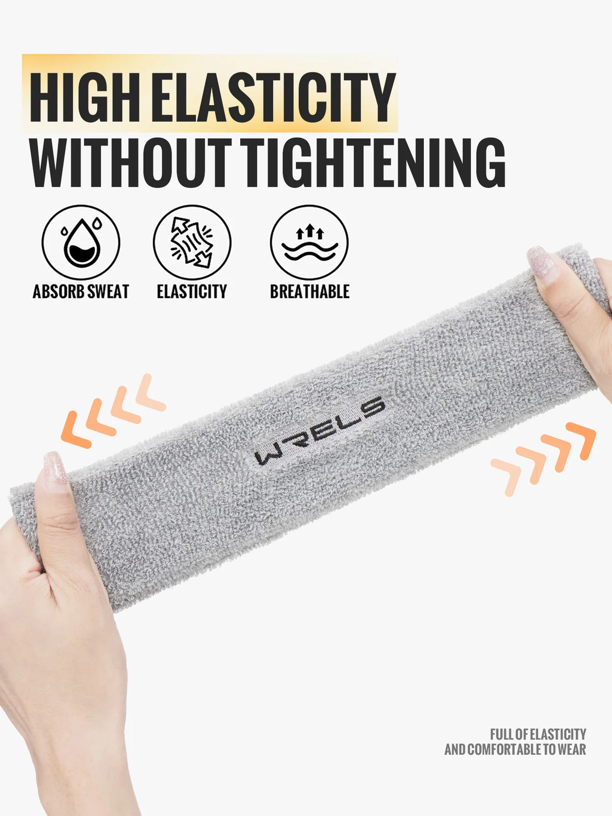 A hand holds a gray Wrels high elasticity sweatband, highlighting its absorbency, elasticity, and breathability features.
