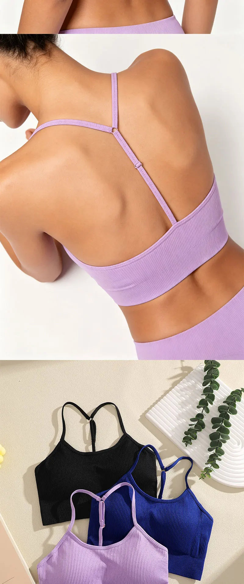 A collection of purple, black, and blue ribbed crop tops and sports bras displayed on a light surface.