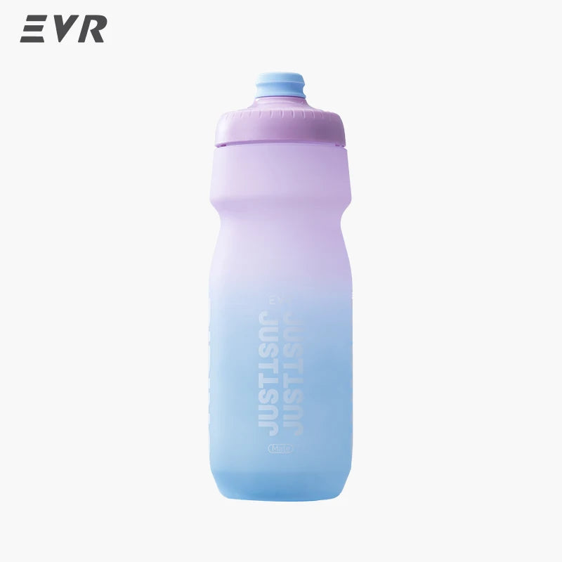 A light purple and blue squeezable cycling water bottle.