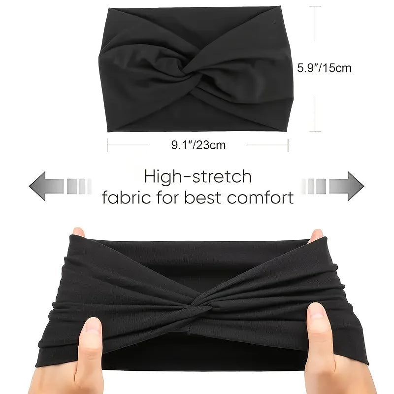 Black fabric headband shown folded and worn by hands