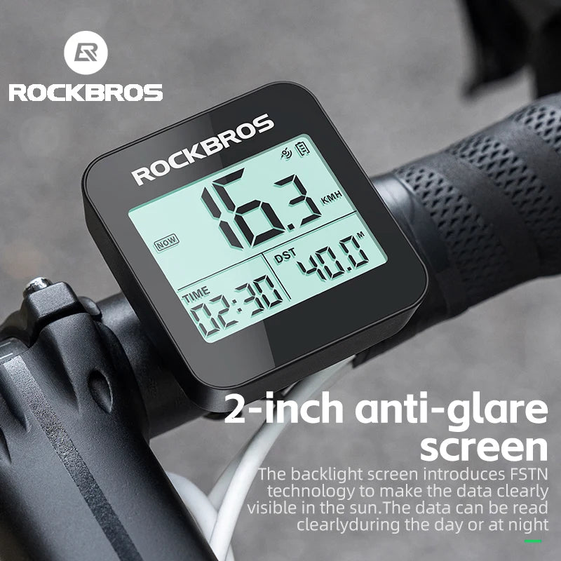 A Rockbros 2-inch anti-glare screen GPS cycling computer displaying speed and time on a bike handlebar mount.