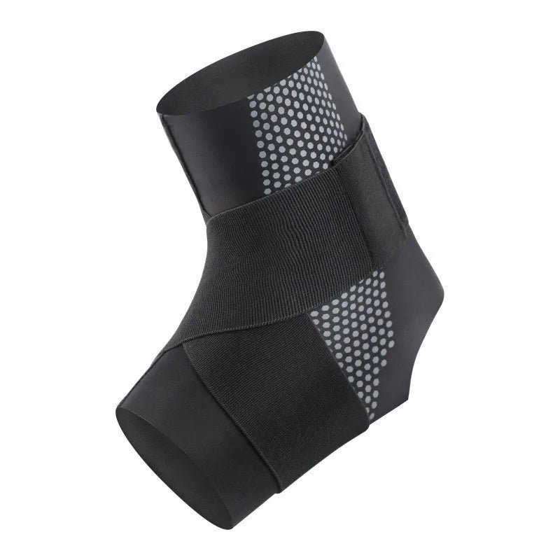 Black adjustable ankle support brace with a textured and dotted pattern.
