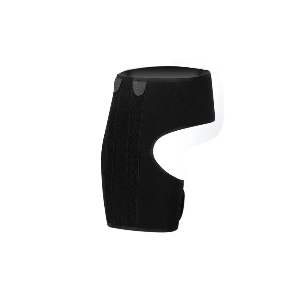 Black adjustable groin and thigh compression support brace.