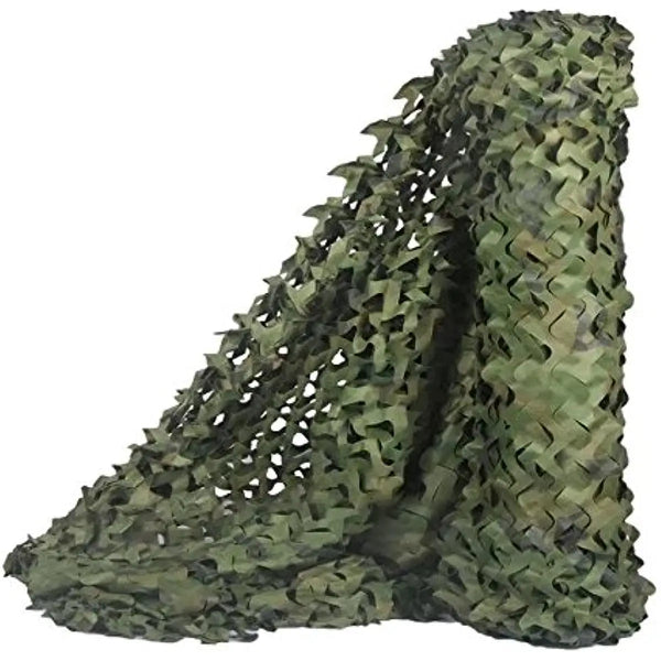 A close-up view of a green camouflage shade net material.