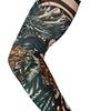 A close-up of a long seamless tattoo sleeve featuring a tiger design on a black background.