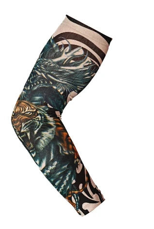 A close-up of a long seamless tattoo sleeve featuring a tiger design on a black background.