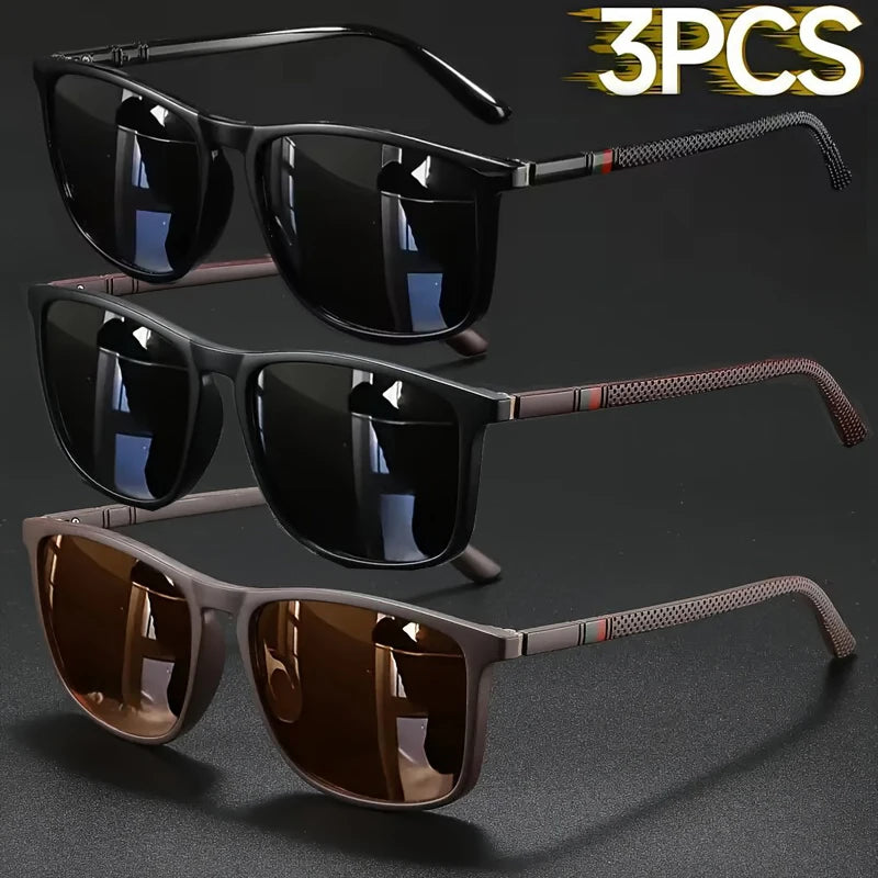 Three pairs of vintage square sunglasses with dark lenses and brown frames displayed on a black background.