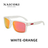 White-orange polarized sunglasses with white frames shown against a white background.