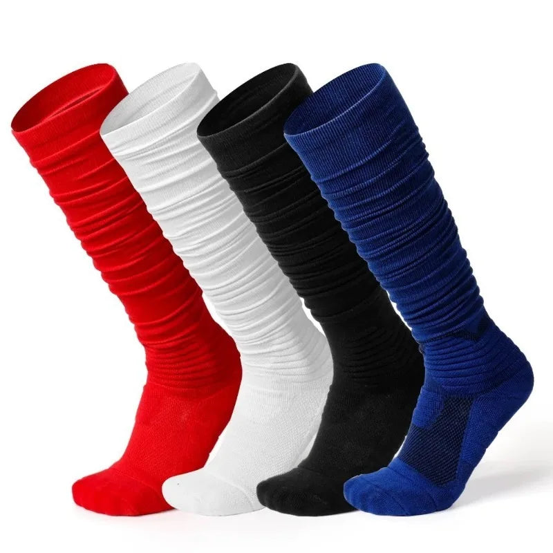 A stack of extra long football socks in red, white, black, and blue.