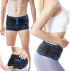 A woman demonstrates a sacroiliac joint support belt for pain relief worn around her lower back.