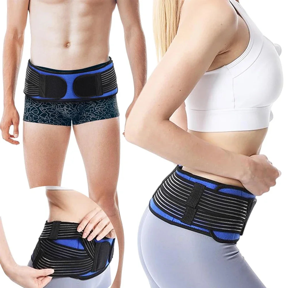 A woman demonstrates a sacroiliac joint support belt for pain relief worn around her lower back.