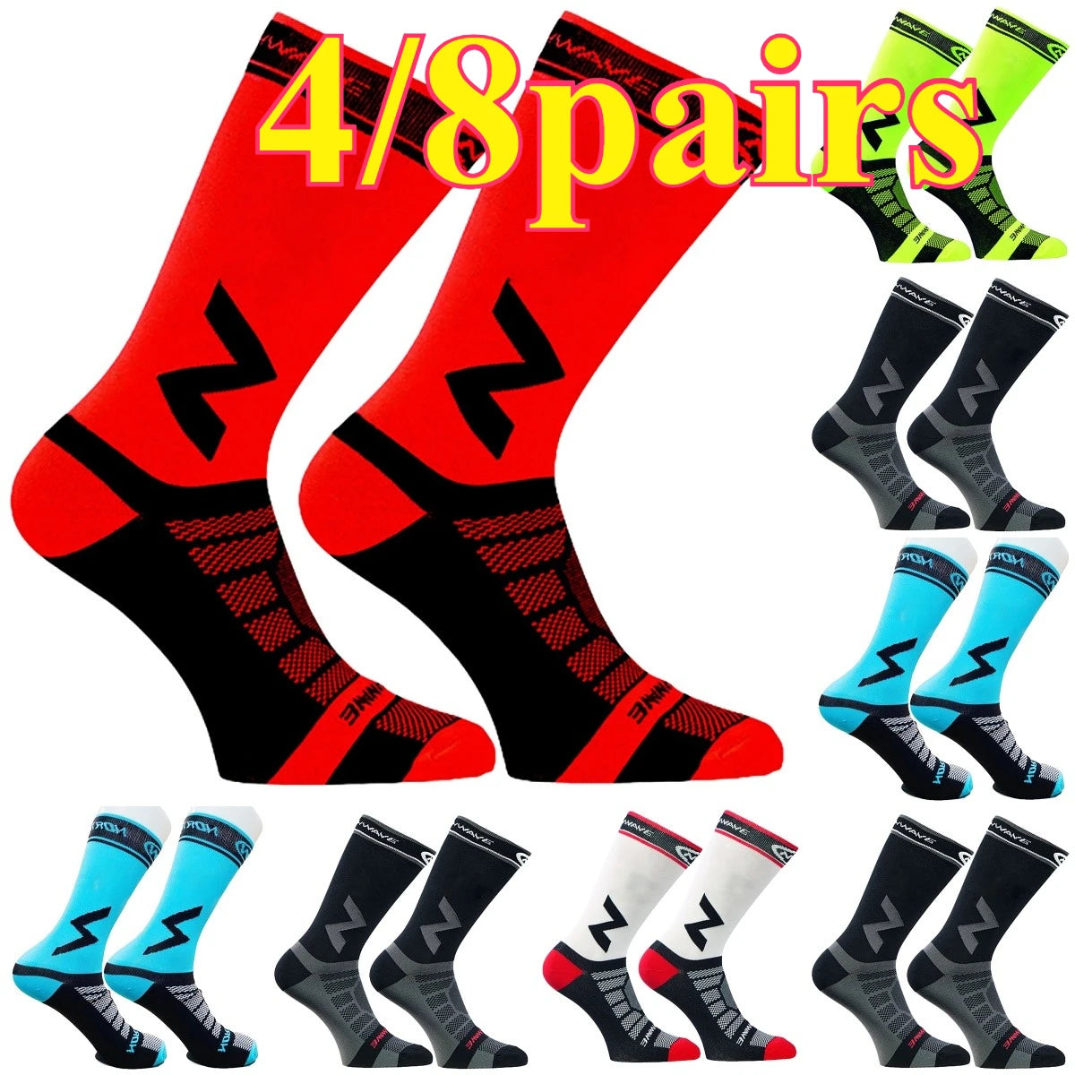 A set of four pairs of high-quality compression cycling socks in red and black designs.