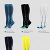A collection of compression socks in various colors including grey, black, blue, white, navy blue, and yellow.