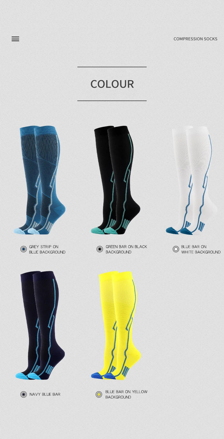 A collection of compression socks in various colors including grey, black, blue, white, navy blue, and yellow.