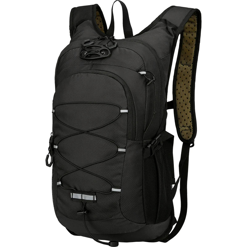 Black multipurpose outdoor backpack designed for hiking and sports activities
