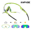 A pair of clear photochromic cycling sunglasses shown in various states of light tinting.