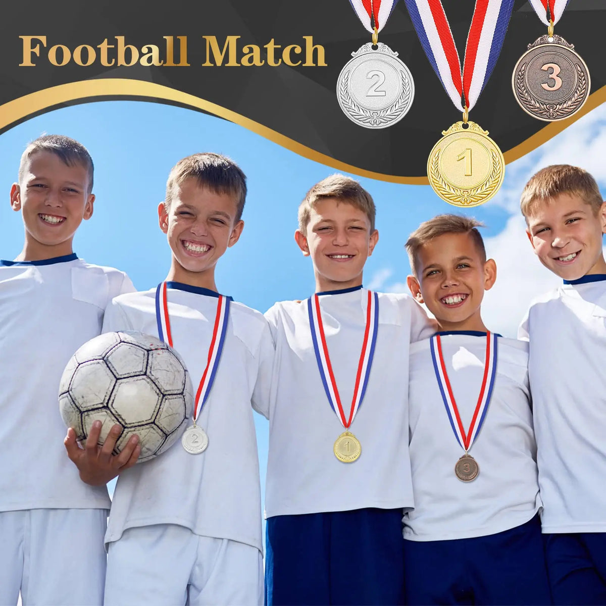 Five boys in soccer uniforms proudly display gold silver and bronze award medals