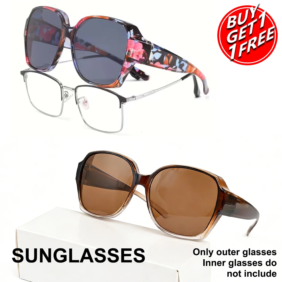 A pair of tortoiseshell wrap-around sunglasses and clear prescription glasses are shown with a buy one get one free offer.