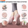 A variety of silicone anti-slip socks in pink and gray are shown demonstrating various features like loose and tight fit, car