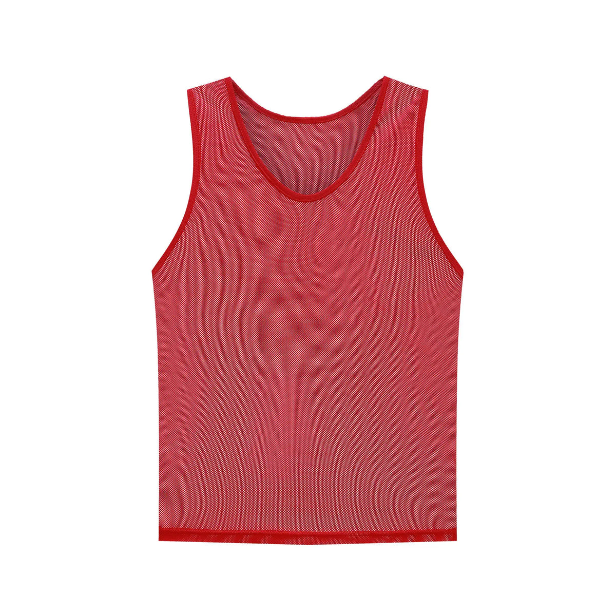 A red breathable mesh soccer training vest with a rounded neckline.