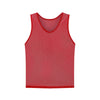 A red sleeveless soccer training vest shown flat.