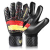 Un par de guantes de portero negros con acentos rojos y amarillos, vistos desde arriba.