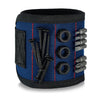 A dark blue magnetic wristband with black hardware storage for tools and screws.