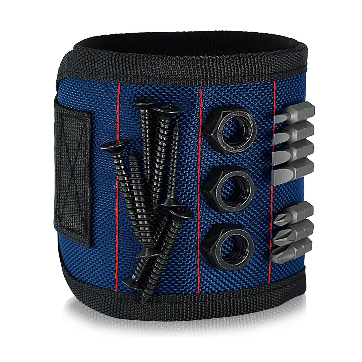 A dark blue magnetic wristband with black hardware storage for tools and screws.