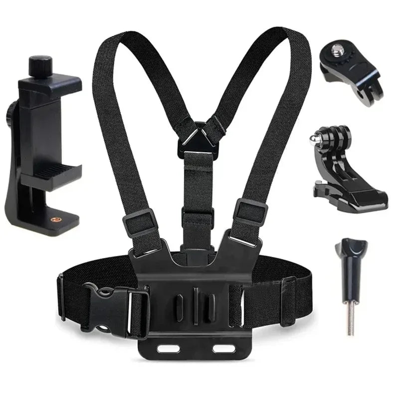 Black universal adjustable chest strap kit for mounting phones and cameras