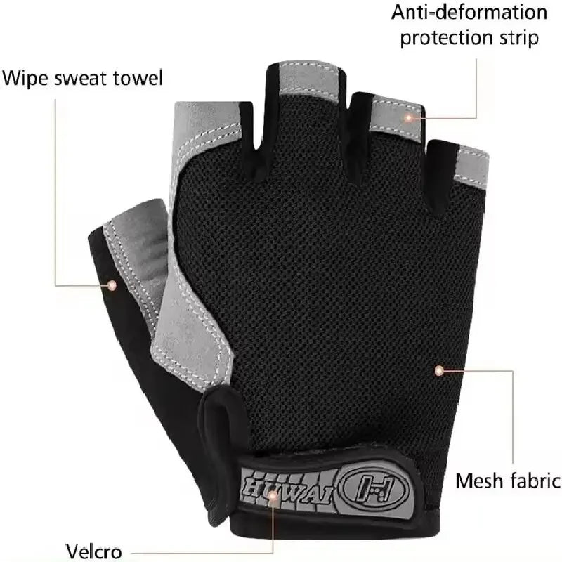 A black fingerless glove with a gray anti-deformation protection strip and a wipe sweat towel.