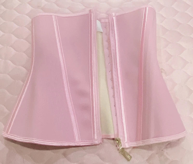 Pink double compression waist trainer corset body shaper shown open on a light background
