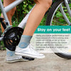 White athletic shoes with light blue socks are shown next to a bicycle, illustrating ankle support for pain relief.