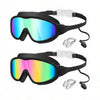 A pair of black swim goggles with clear lenses and silicone earplugs and nose clips.