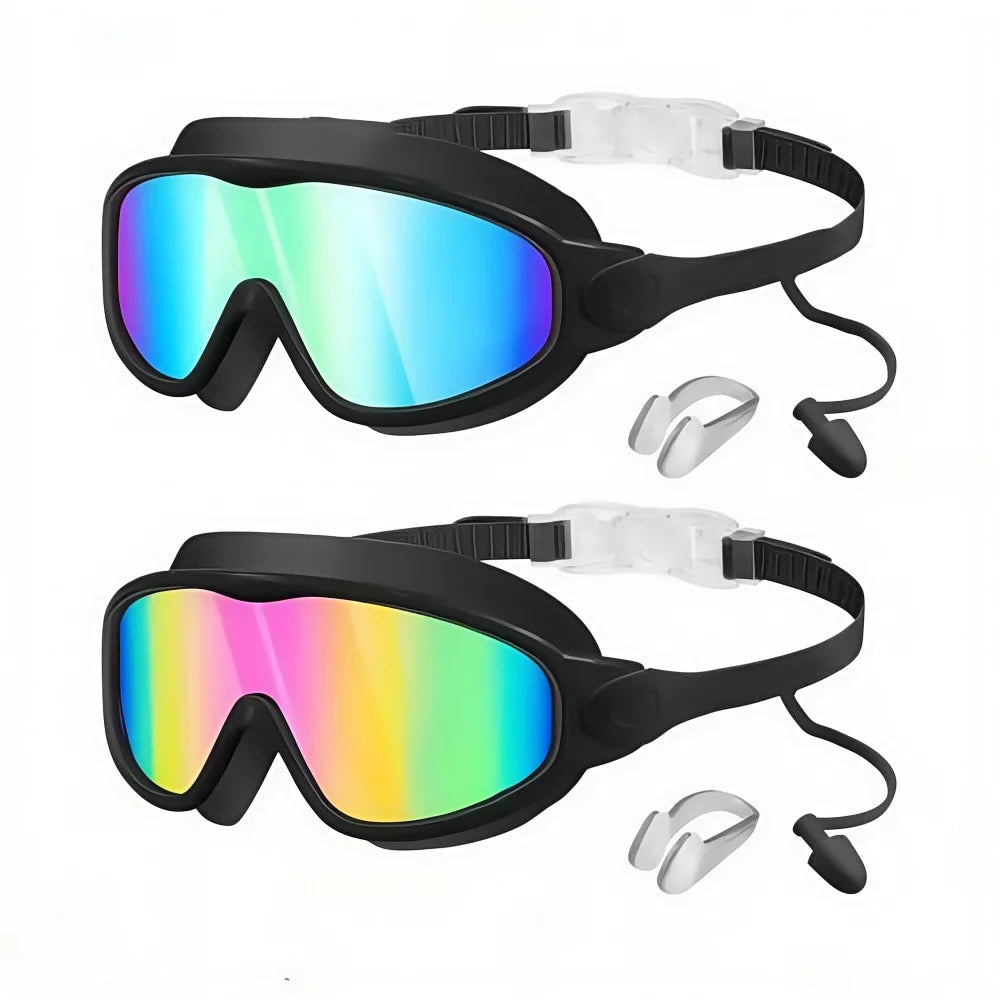A pair of black swim goggles with clear lenses and silicone earplugs and nose clips.
