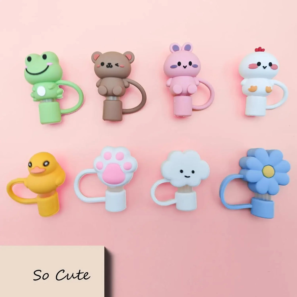 A collection of cute silicone straw covers shaped like animals and clouds for tumblers in various pastel colors.