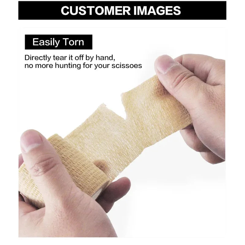 A hand is tearing off a piece of yellow elastic tape, demonstrating its easy tear feature for grip protection.