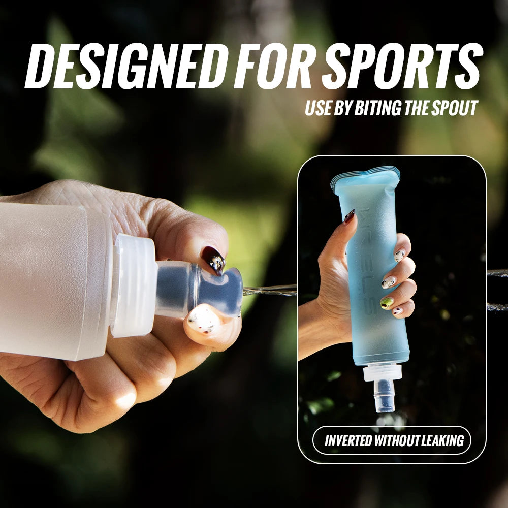 A hand is shown using a blue silicone hydration flask, inverted without leaking, for sports.