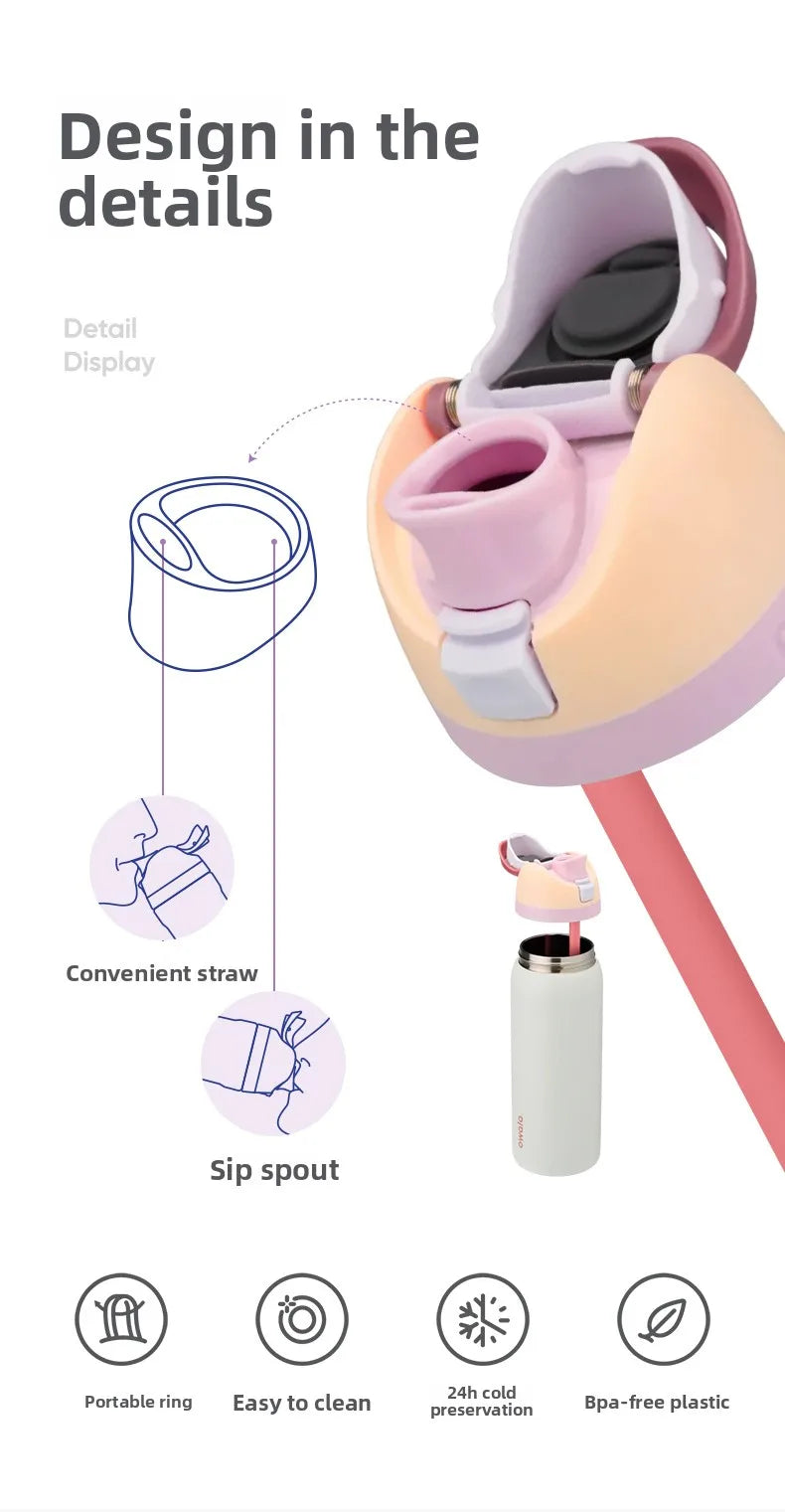 Pinke und weiße isolierte Wasserflasche mit Strohhalm, zeigt Designdetails wie einen tragbaren Ring und Saugglans.