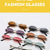 Rimless oval gradient sunglasses in various shades of brown, purple, pink, and blue displayed on a white background.