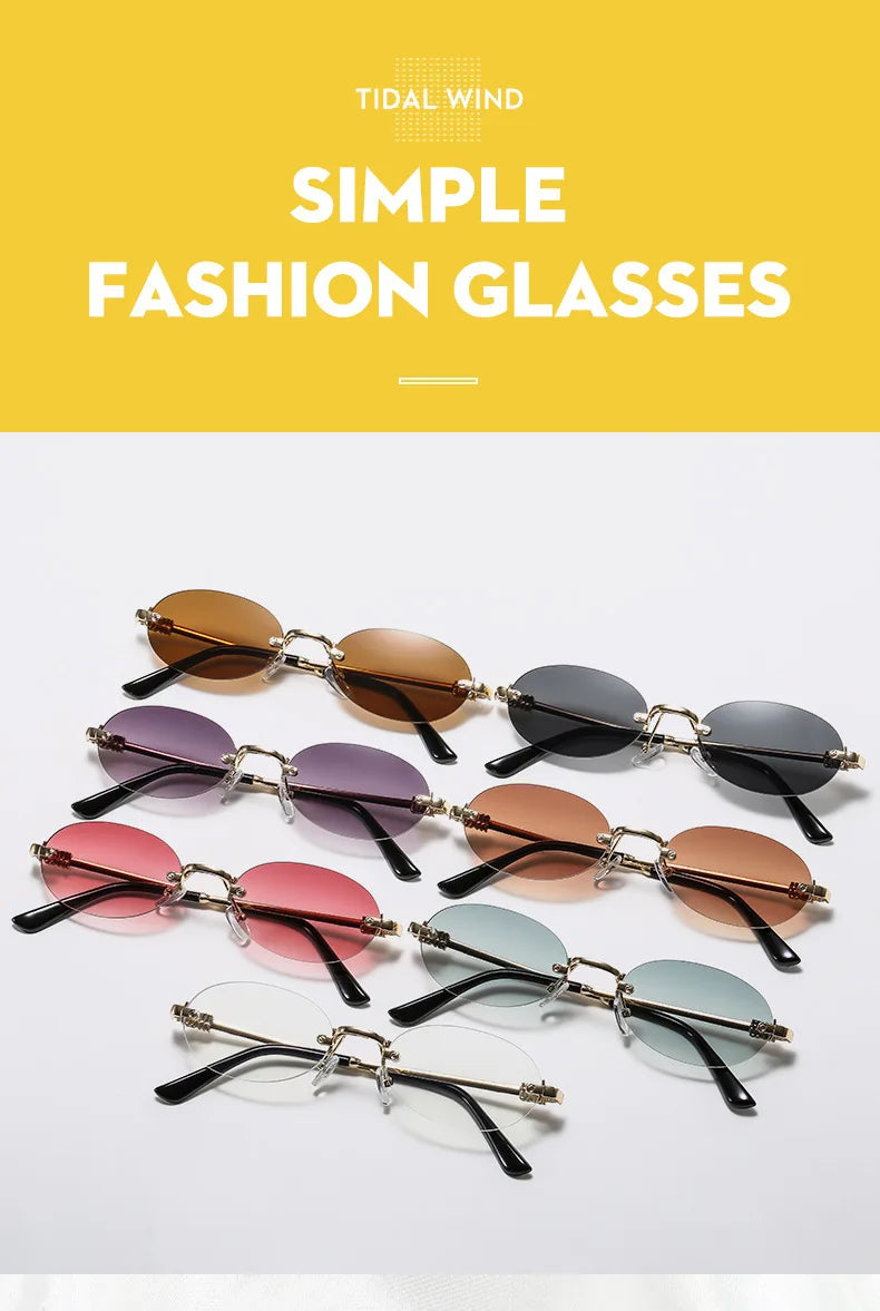 Rimless oval gradient sunglasses in various shades of brown, purple, pink, and blue displayed on a white background.