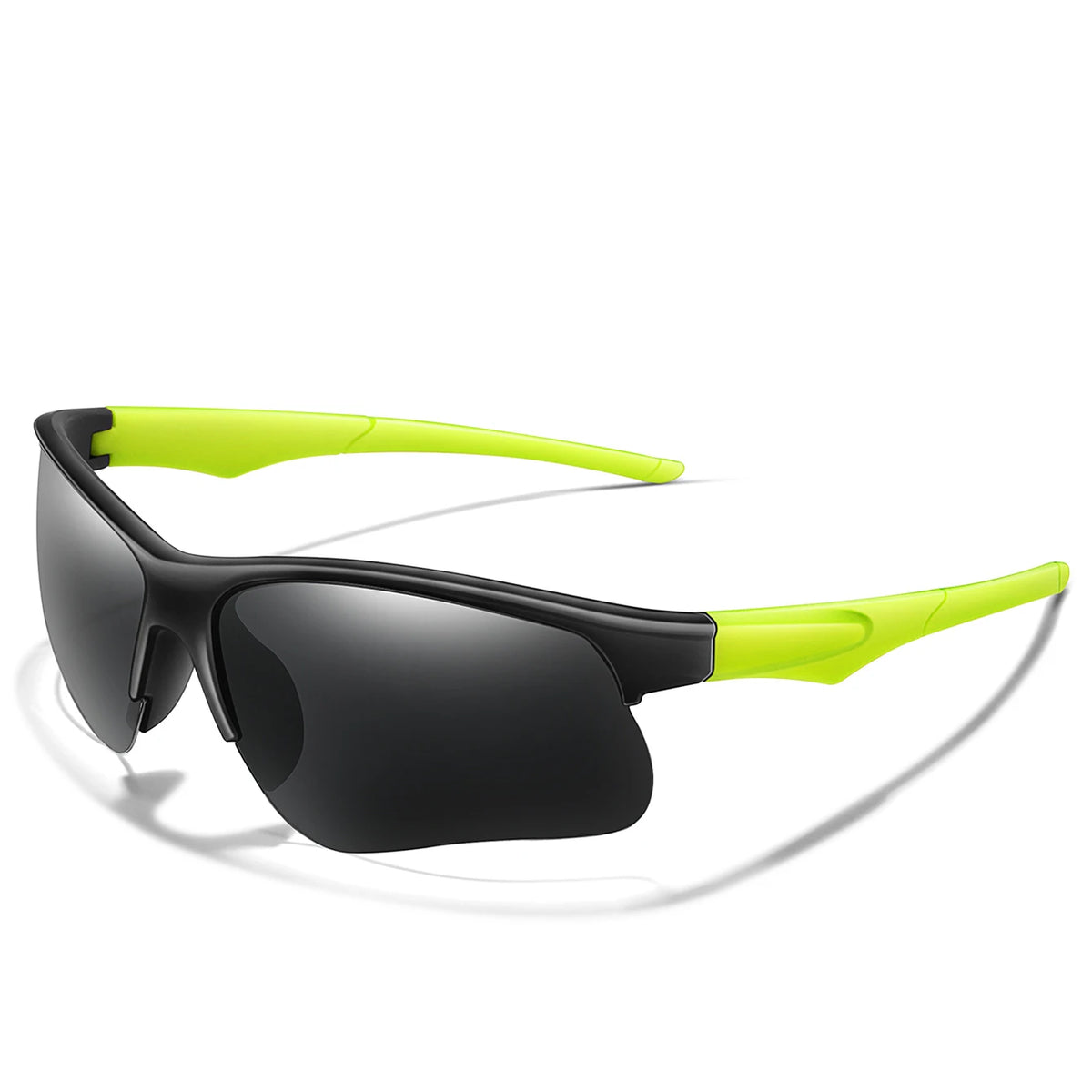 Black sports sunglasses with neon yellow frames and arms shown against a white background.