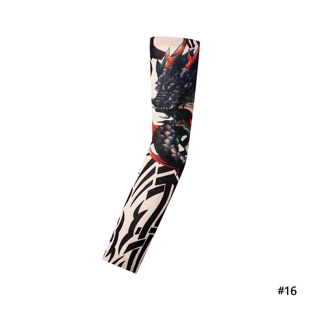 Black and white reusable stretch tattoo arm sleeve featuring a dragon design.