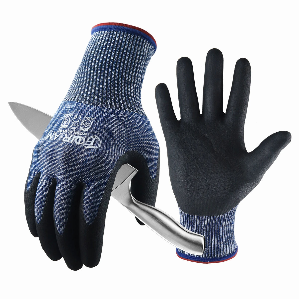 A pair of dark blue and black durable cut-resistant work gloves with silver knife attachments.