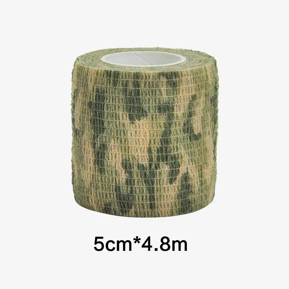 Roll of outdoor camouflage elastic wrap tape, 5cm wide by 4.8 meters long.