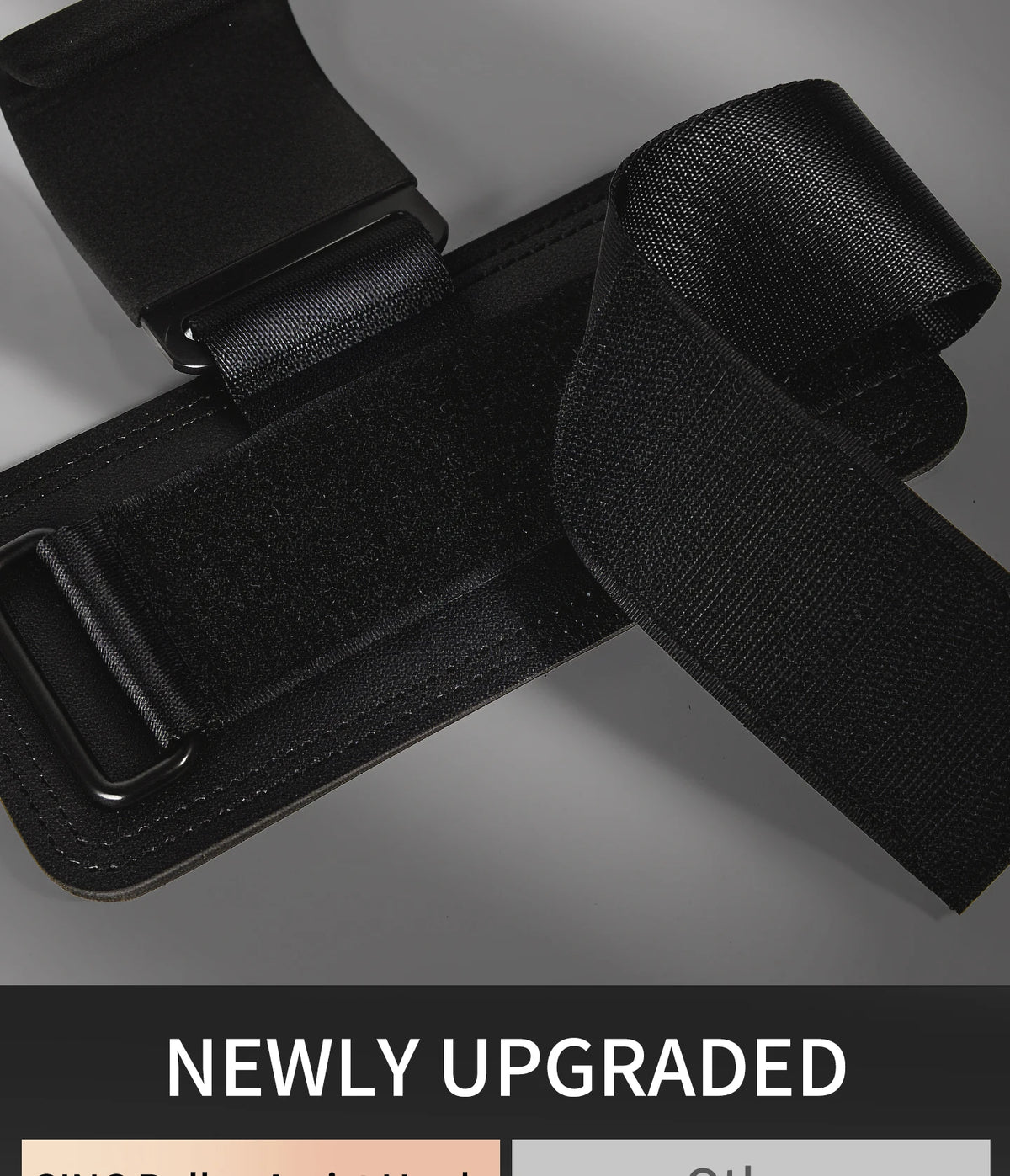 Black heavy duty weight lifting hooks and wrist wraps shown in a close-up view.
