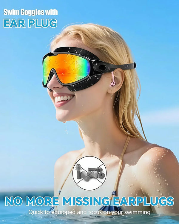 A blonde woman wearing orange and blue swim goggles with an ear plug, smiling in the water.