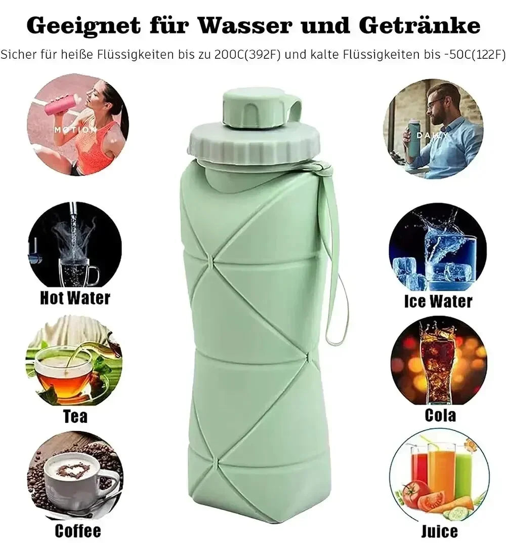 Botella de silicona plegable verde claro mostrada con diversas bebidas calientes y frías.