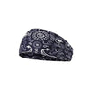 Black bandana style sports headband with white paisley and animal print patterns