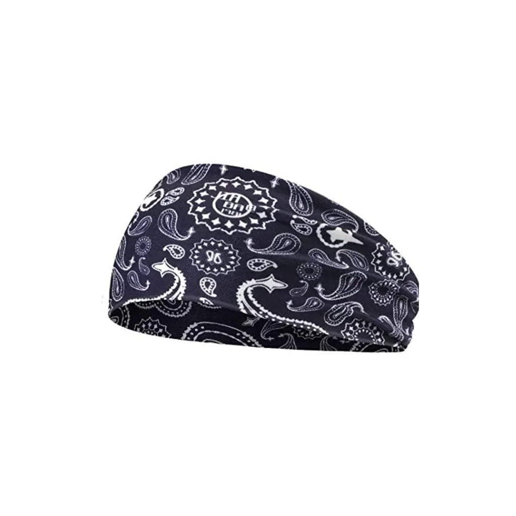 Black bandana style sports headband with white paisley and animal print patterns